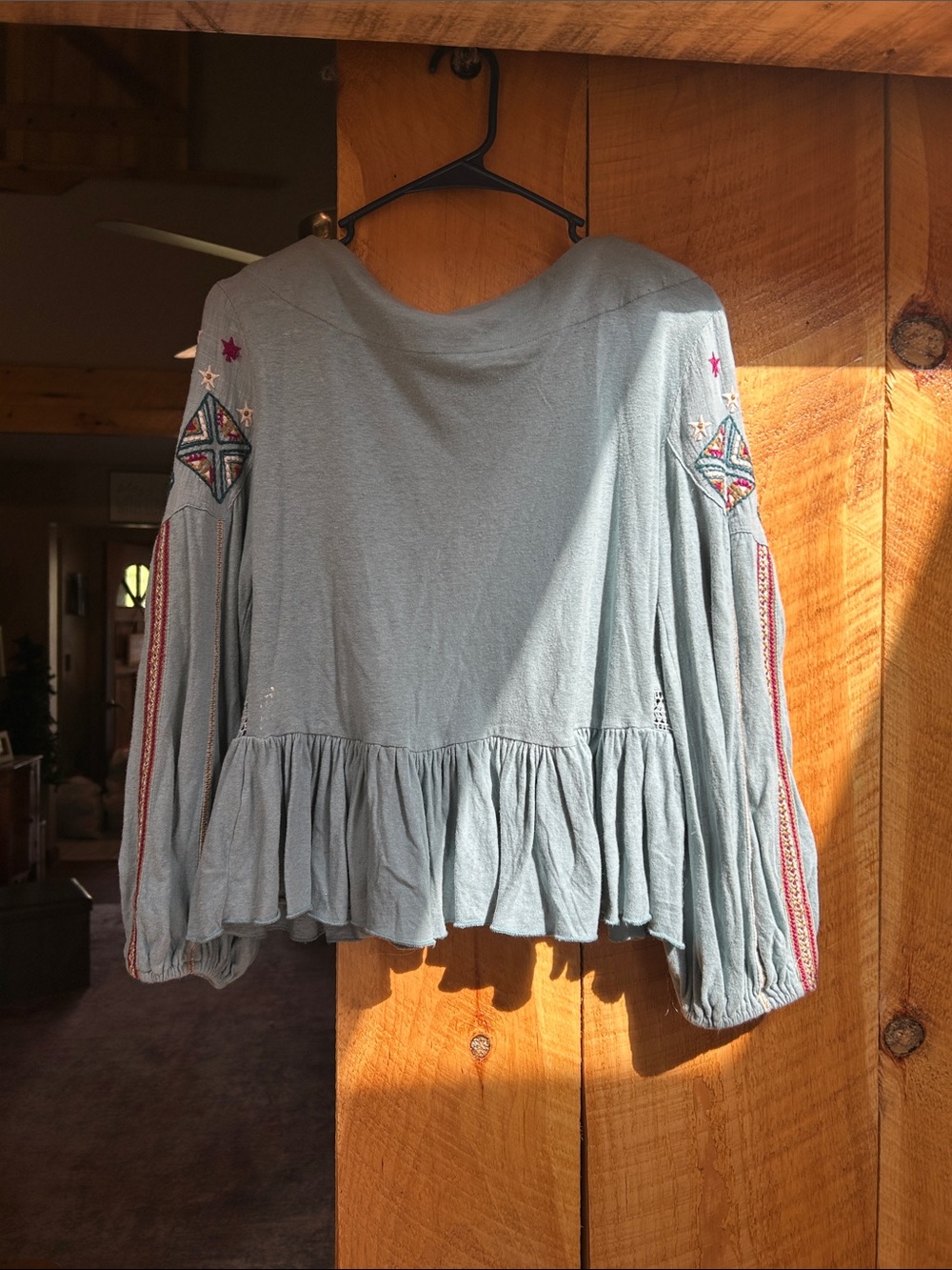Free People Embroidered V-Neck Peasant Top in Light Blue with Multicolor Accents - Picture 2 of 3
